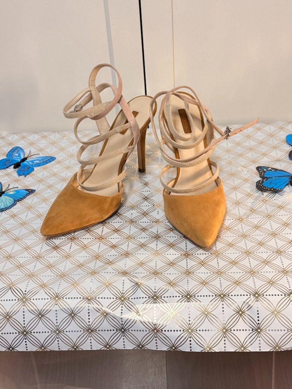 Guess Tan & Cream Suede Strappy Pointed-Toe Heel